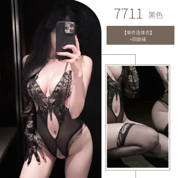 Sexy Sheer Lace Bodysuit for Small Bust Women - Open-Crotch Tight Fit Costume Set with Butterfly Detail - Black bodysuit + black stockings