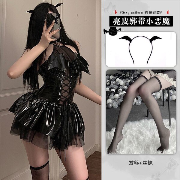 Japanese Cosplay Maid Dress Set - Cute Sexy Lolita Short Sleeve Long Sleeve Uniform Dress for Women Plus Size - Black jumpsuit + free choker + free thong + free socks + free headpiece