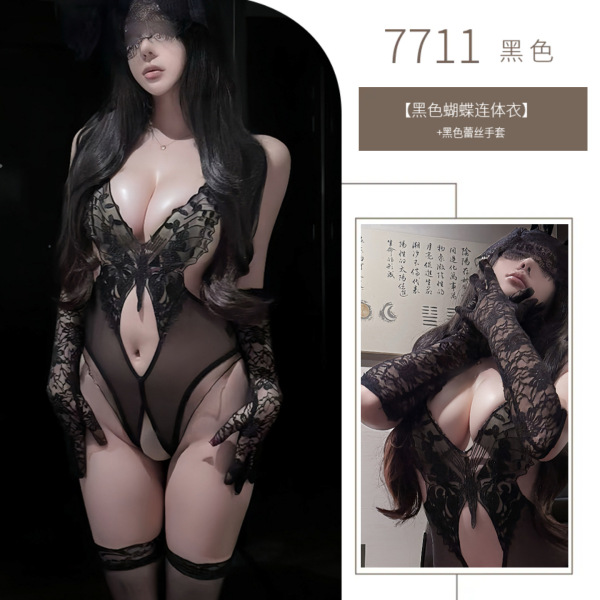 Women's Sexy Sheer Lace Bodysuit - High-End Open-Crotch Tight Fit Date Night Outfit Set - Black jumpsuit + gloves