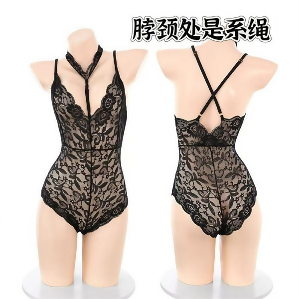 Sensual Lace Bodysuit for Women - Pure & Tempting Uniform-Style Sleepwear Set, Plus Size Erotic Lingerie - black jumpsuit