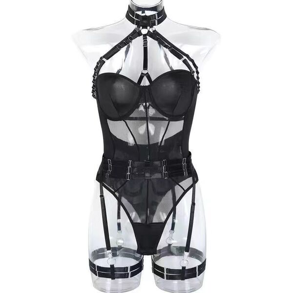 Women's Seductive Lace Role Play Lingerie Set - Revealing Busty Costume Outfit for Adults - Black bodysuit + matching socks