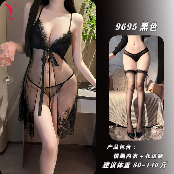 Night Silk Sensual Lace Sleepwear - Sheer Transparent Temptation Nightdress with Push-Up Design - Black slip dress + lace stockings