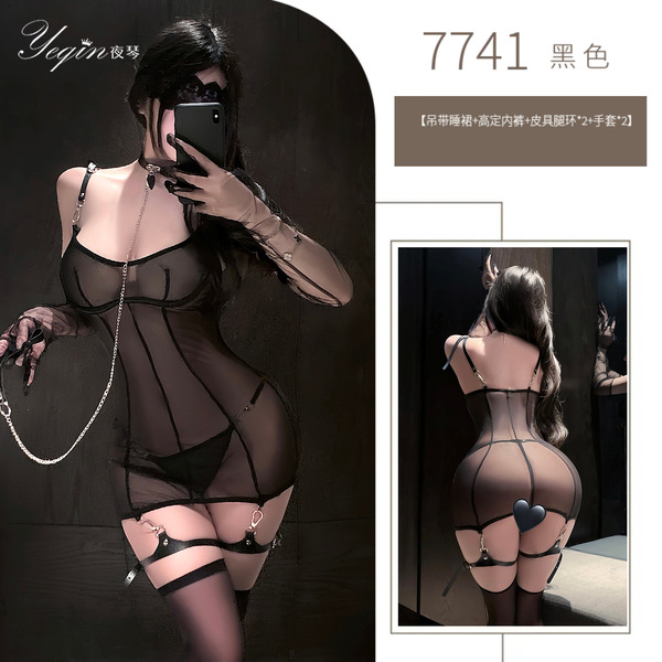 Luxury Sheer Lace Push-Up Chemise - Ultra-Thin Seductive Role Play Lingerie Set for Adults - Black suit (camisole nightgown + haute couture underwear + leather leg rings - 2 + gloves - 2)