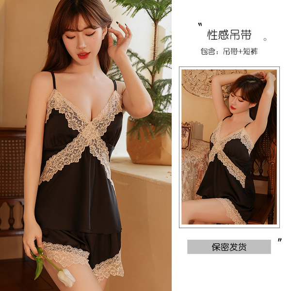 Silky Satin Sexy Lingerie Set - Summer Lace Slip Dress & Pure-Elegance Matching Underwear - Black tank top + shorts