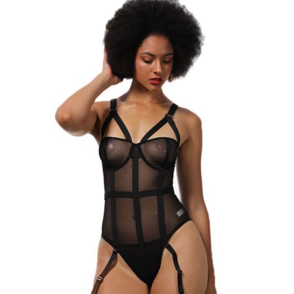 Sexy black bodysuit featuring sheer mesh design, lace-up detail, and push-up effect for a stylish look.