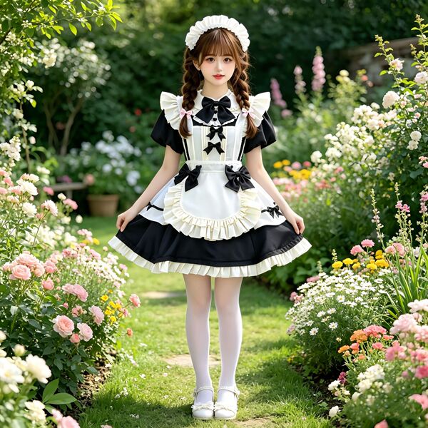 Adorable Bow Cosplay Dress - Student Maid Outfit & Lolita Style Daily Dress for Girls - Black short-sleeved Lolita dress set with bow (skirt + apron + headpiece)