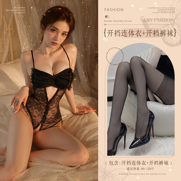 French-Style Sheer Lingerie Bodysuit with Large Bow & Open-Crotch Design – Busty-Looking, Bed-Ready, No-Remove Elegance - Black (large bow open-crotch bodysuit + open-crotch tights)