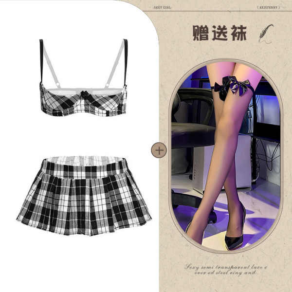 Qingran Sexy Lingerie Set with Underwire - Plaid Schoolgirl Mini Skirt Outfit,Europe and America-Style Temptation Ensemb - Picture set + black stockings with bow