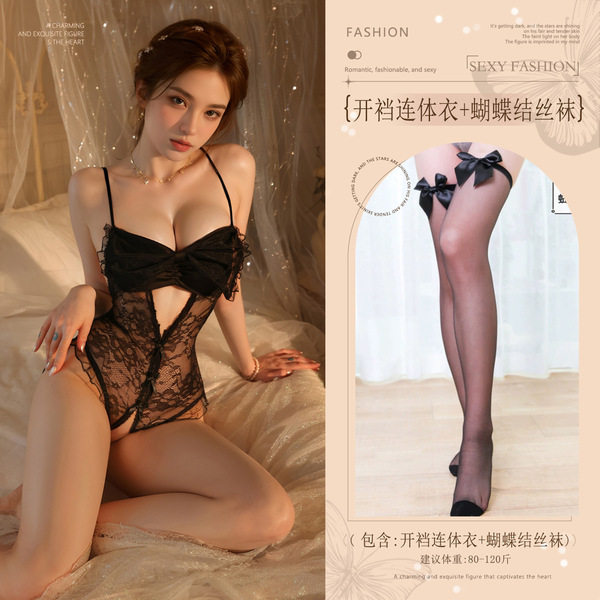 French-Style Sheer Lingerie Bodysuit with Large Bow & Open-Crotch Design – Busty-Looking, Bed-Ready, No-Remove Elegance - Black (large bow crotchless bodysuit + bow stockings)