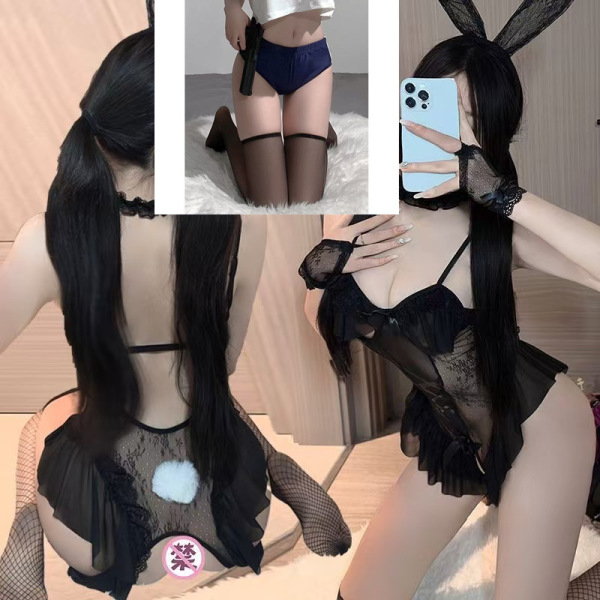 Sexy Bunny Costume for Women - Seductive Lingerie Set, Provocative Sleepwear & Playful Outfit for Date Night - Black bunny girl outfit + black boxer stockings