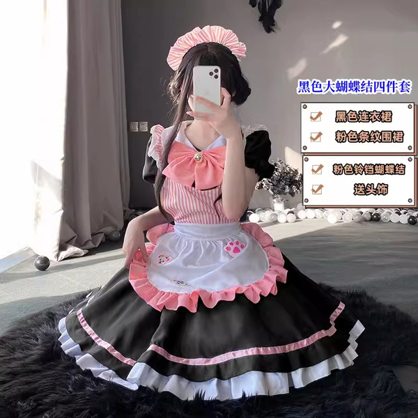 Adorable Bow Cosplay Dress - Student Maid Outfit & Lolita Style Daily Dress for Girls - Black four-piece set with large bow