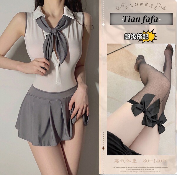 College-Style Backless Lingerie Dress - Seductive JK Uniform Set for Women, Pure & Tempting Outfit - Picture set + black bow-tie stockings