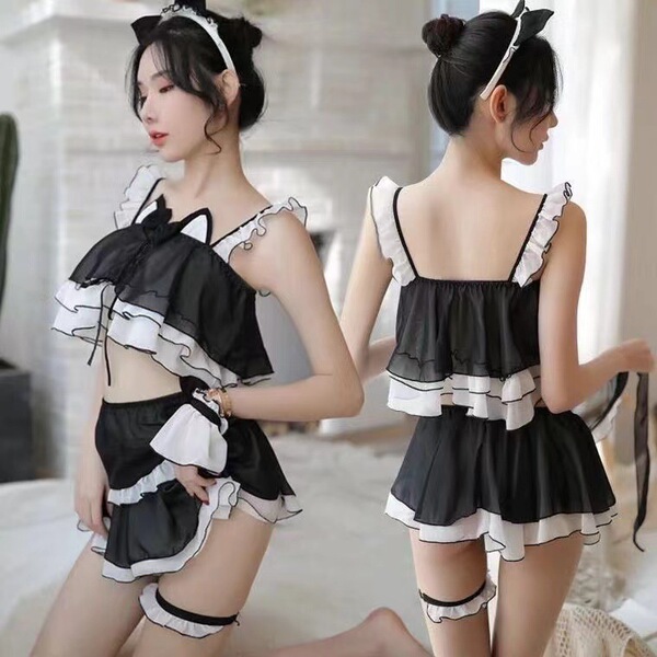Nightclub Cat Bunny Girl Maid Costume - Sexy Open-Crotch Cosplay Bodysuit Set for Adults - Black cat headband, strapless dress, bracelet