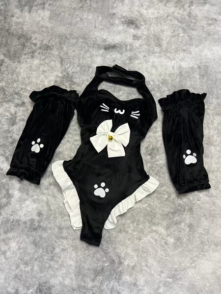 Snowman-Themed Sexy Lingerie Bikini Set - White Fuzzy Christmas Costume for Cosplay & Holiday Parties - 4161 Black Cat Set [Onesie + Sleeves]