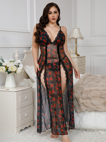 Elegant Sheer-Back Long Nightgown Set - Sexy Split-Front Lingerie Dress for Women - Black background with floral pattern