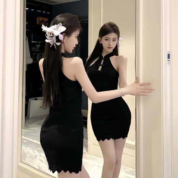 Purple Lace Mandarin Collar Cheongsam Dress - Sexy Sheer Open Front Robe Style Nightwear - Black cheongsam + black-trimmed suspenders and black stockings