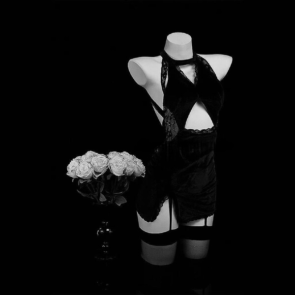 Pure & Dark Lingerie Set - Velvet Witch Cosplay Sleep Dress for Role Play, Sexy & Stylish - Black cheongsam (stockings not included)