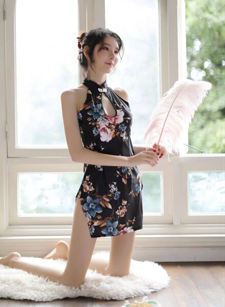 Qingran Lace Low-Cut Sleep Set – Ice Silk Satin Cami & Matching Shorts, Sexy Elegant Nightwear for Women - 019 Black Cheongsam