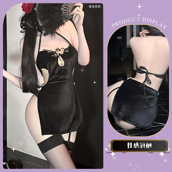 QingShe New Year Lingerie Set - Modest Chic Sleep Dress with Lace Trim, Bodycon Slip & Strapless Top - 1912021748887744574+Black Cheongsam