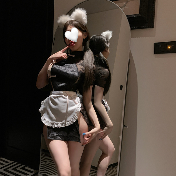 Pure & Seductive Lingerie Set - Modest Yet Alluring Qipao-Inspired Sleepwear & Cosplay Outfit - Black [cheongsam + T-shirt + black open-crotch socks]