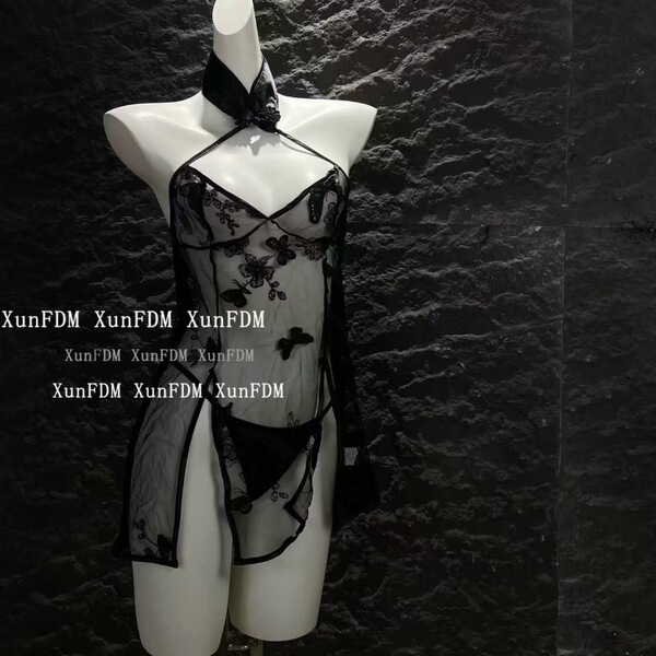 Butterfly Embroidery Lingerie Set - Vintage Qipao-Style Sexy Sleepwear for Women, Plus Size - Black cheongsam + T-shirt