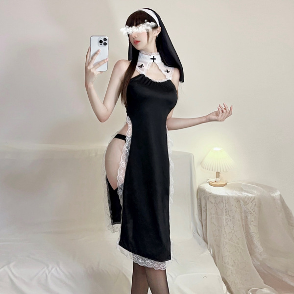 Plus Size Punishment Nun Lingerie Set - Sexy Role Play Costume with Cut-Outs & High Slit for At-Home Passion - black clothes