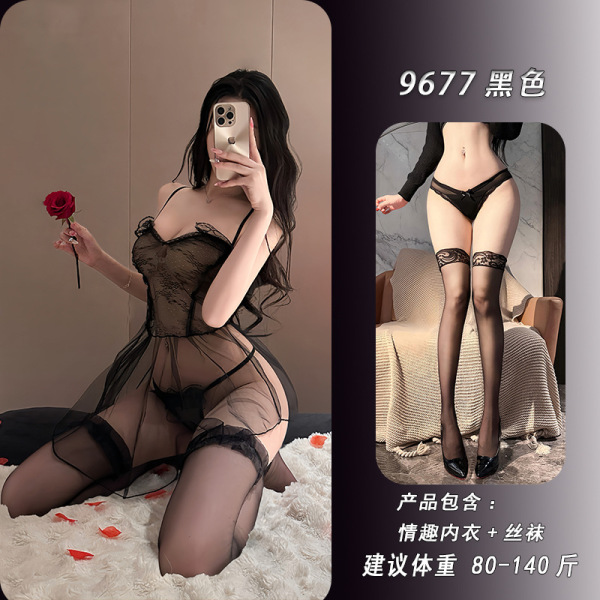 NightSi NightSe Sexy Lingerie Set – Sheer Mesh Strap Dress with Black Stockings, Seductive Sleepwear for Women - Black slip dress + matching stockings