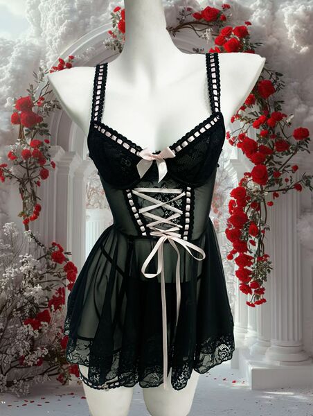 French Lace Sheer Chemise Nightgown - Sexy Backless Pink Black Sensual Sleepwear with Matching Thong - Black (includes thong)