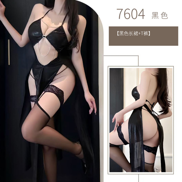 Women's Lace Cut-Out Sexy Bodysuit - Open-Slit Provocative Harness Dress with Halter Neck Design - Black skirt (stockings not included)