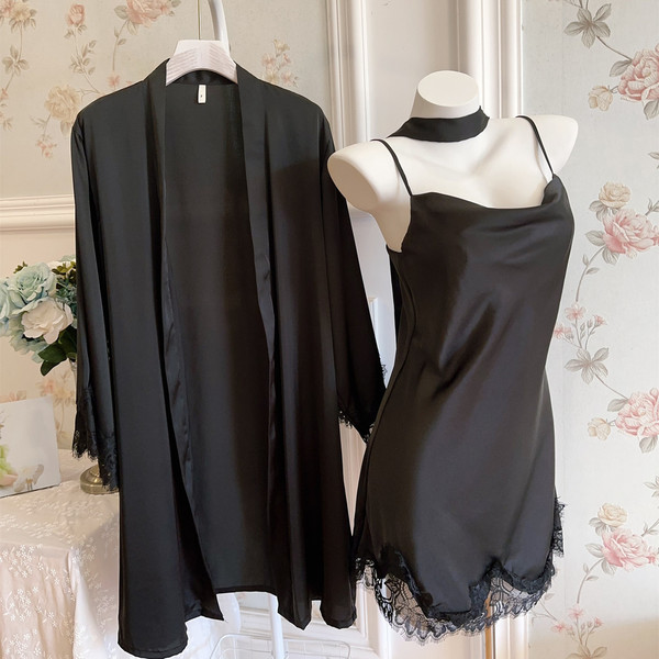 Soft Pure Allure Lace-Trimmed Cami Sleep Dress & Matching Robe Set – Silky Ice Silk Two-Piece Pajama Set - Black slip dress + bathrobe
