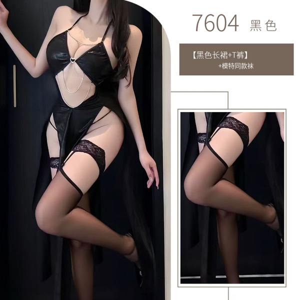 Women's Lace Cut-Out Sexy Bodysuit - Open-Slit Provocative Harness Dress with Halter Neck Design - Black dress + matching stockings