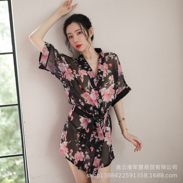Women's New Sensual Sheer Chiffon Sleepwear Set - Japanese Kimono-Inspired Lingerie Outfit, Plus Size Temptation Ensembl - Dark black
