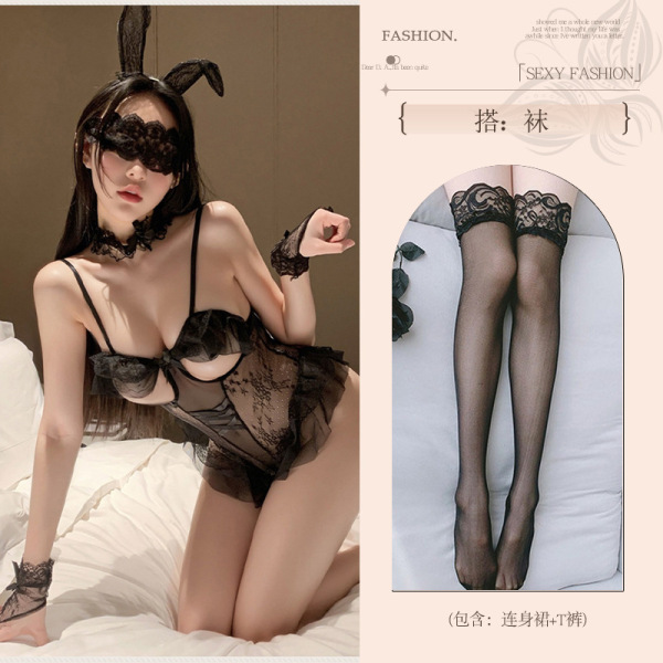 Sensual Bunny Girl Lingerie Set – Pure & Playful Erotic Outfit for Date Night & Role Play - Black [ears + choker + bodysuit + 2 bracelets] + stockings