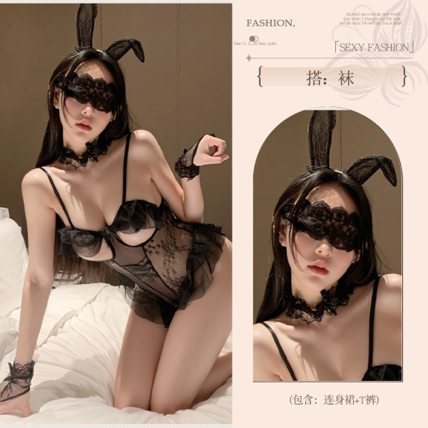 Sensual Bunny Girl Lingerie Set – Pure & Playful Erotic Outfit for Date Night & Role Play - Black [ears + neck ring + bodysuit + 2 bracelets] + blindfold