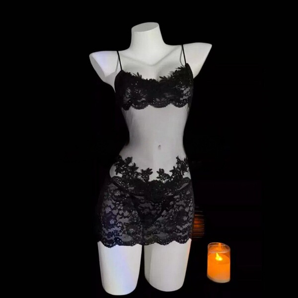 Luxury French-Style Sheer Lace Lingerie Set – Romantic Vacation Bra & Panty with Ties & Netted Mesh - Black [Embroidered Tulle Skirt + T-shirt]