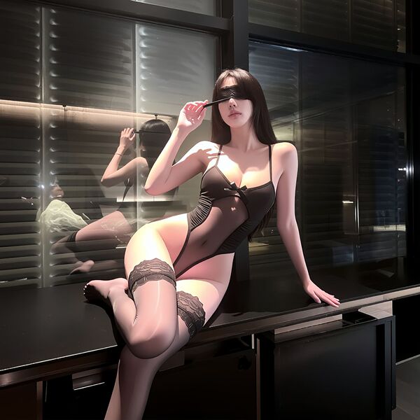 Pure & Playful Lingerie Set - Sheer Sensual Pearl-Embellished Naughty Outfit, No-Remove Design - Black [excluding socks and eye mask]