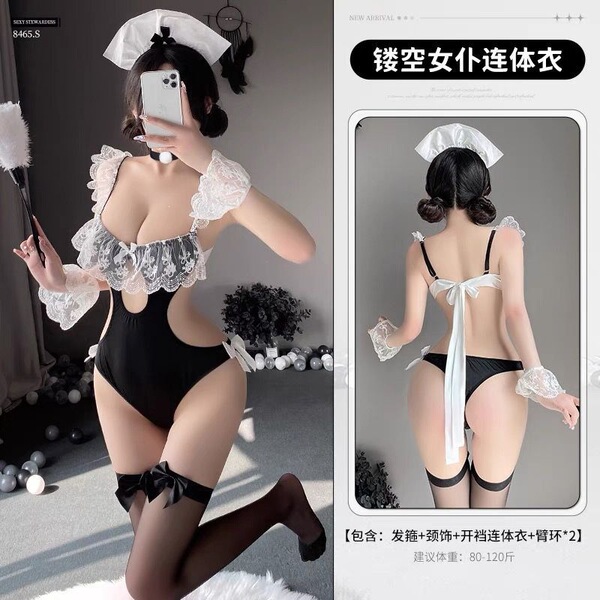 Small Bust Pure & Tempting Maid Costume Set - Lace Cosplay Sleepwear & Sexy Uniform Outfit - Black outfit (headband + 2 bracelets + neck ring + bodysuit nightgown)