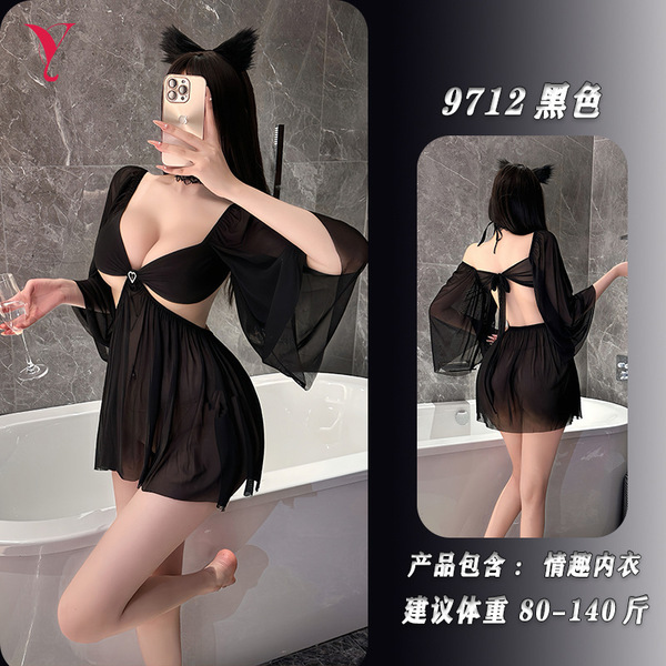Night Silk Sensual Sheer Lace Sleep Dress - Seductive Open-Crotch Erotic Nightwear for Women - Same style long-haired headband [Black]