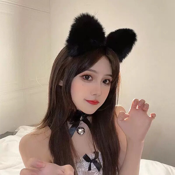Night Silk Sensual Deep V Lace Maid Outfit - Busty-Looking Sleepwear Set for Small Busts - Same style headband [Black]