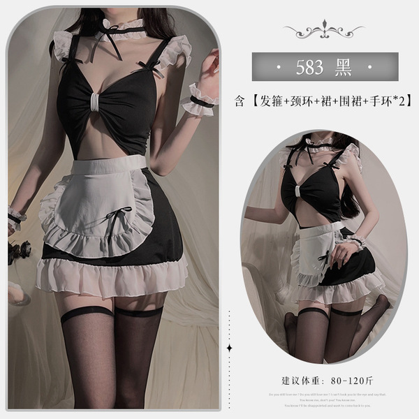 Xianyi Sexy Lingerie Set - Cute Maid Costume for Small Bust, High-End Flirty Bodycon Uniform Outfit - Black (hair clip + choker + bodysuit + apron + choker * 2)