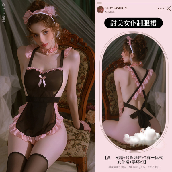 Mannyan Sexy Lingerie Set for Women - Sheer Lace Backless Maid Costume with Adjustable Straps & Sweet Roleplay Outfit - 6921183365165 Black [Headband + Necklace + Maid Dress + Bracelets * 2]