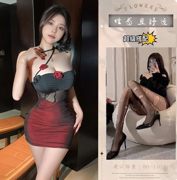 New Year Lingerie Set - Seductive Sheer Sleep Dress with Built-in Pads & Bodycon Fit - Picture set + black ripped stockings