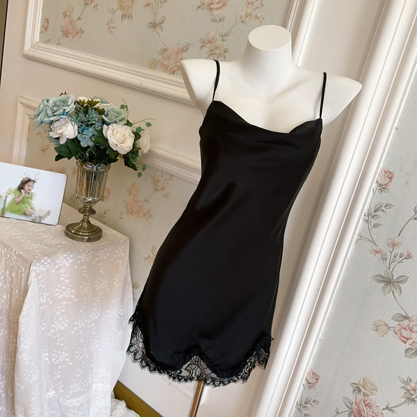Soft Pure Allure Lace-Trimmed Cami Sleep Dress & Matching Robe Set – Silky Ice Silk Two-Piece Pajama Set - black slip dress