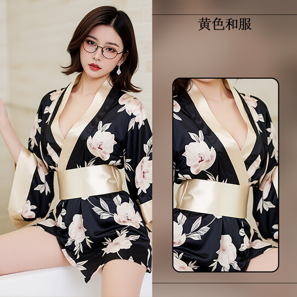 BaoDouBear Japanese-Style Lingerie Set for Women – Seductive Kimono-Inspired Sexy Costume Outfit - Black [Yellow Flower Dancer]