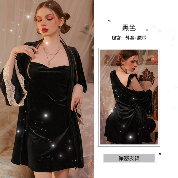 Pure Temptation Lingerie Set – Sexy Sleepwear Dress with Ruched Hip Detail, Lazy Princess Style Nightgown - Black coat + belt