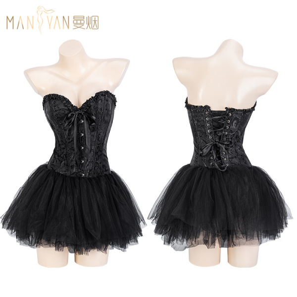 Mannyan Dark Angel Corset Set for Women – Sexy Lace Mesh Bodysuit with Boning & Strapless Bra Top - Black vest + tutu skirt