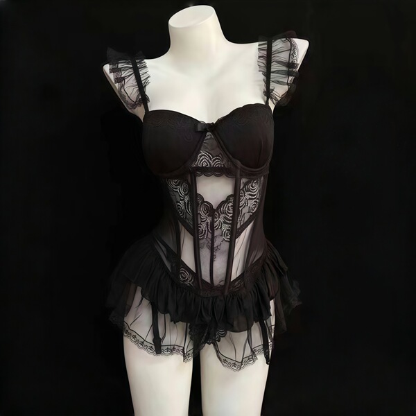 Plus Size Sexy Lace Corset Bodysuit with Underwire – Busty-Look Enhancing Seamless No-Remove Set for Women - Black vest + matching stockings