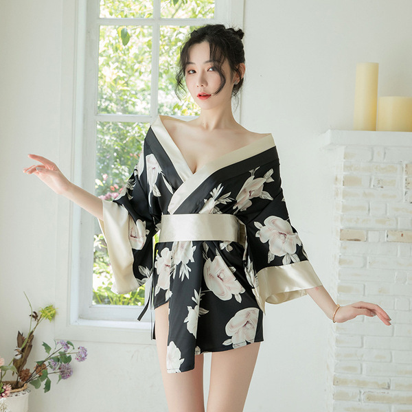 YeYu Sexy Lingerie for Women – Deep V Tie-Waist Corset with Floral Chiffon Kimono Costume for Role Play - Black kimono + obi (sash) + underwear + bear costume + socks