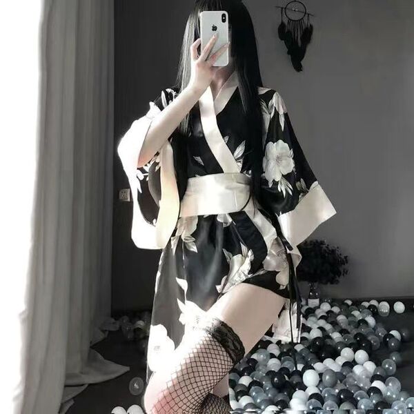Japanese-Style Sexy Sleepwear Set for Women – Kimono-Inspired Nightgown & Robe with Wrap Design - Black Japanese kimono (socks not included)