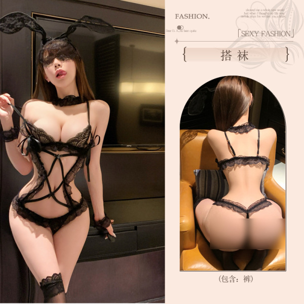 Pure & Playful Lingerie Set – Seductive Sensual Outfit for Intimate Moments, No-Undress Design - Black bodysuit + headdress
